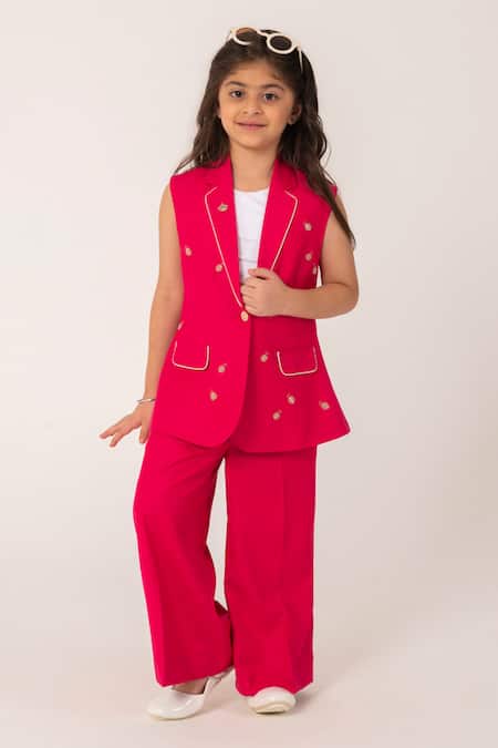 Buy_Partykles_Fuchsia Embroidery Ladybug Sleeveless Blazer And Trouser Set _Online_at_Aza_Fashions