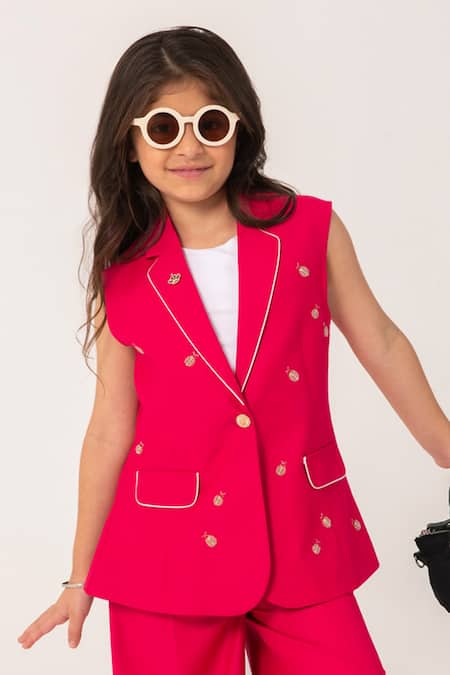Buy_Partykles_Fuchsia Embroidery Ladybug Sleeveless Blazer And Trouser Set 