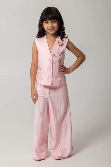 Shop_Partykles_Peach Embroidery Mini Beasted Waistcoat And Trouser Set _Online_at_Aza_Fashions