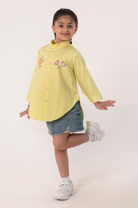 Partykles_Yellow Cotton Embroidery Ruffle Collar Shirt _Online_at_Aza_Fashions