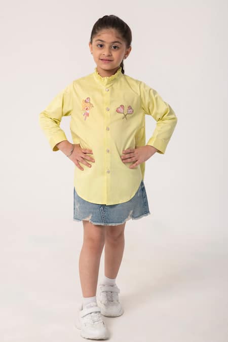 Buy_Partykles_Yellow Cotton Embroidery Ruffle Collar Shirt _Online_at_Aza_Fashions