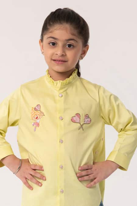 Partykles_Yellow Cotton Embroidery Ruffle Collar Shirt _at_Aza_Fashions