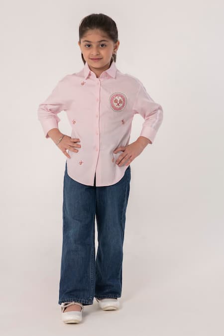 Partykles_Pink Cotton Embroidery Badge Motif And Ladybug Shirt _Online_at_Aza_Fashions