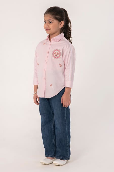 Buy_Partykles_Pink Cotton Embroidery Badge Motif And Ladybug Shirt _Online_at_Aza_Fashions