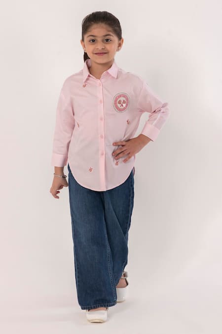 Shop_Partykles_Pink Cotton Embroidery Badge Motif And Ladybug Shirt _Online_at_Aza_Fashions