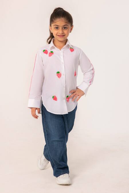 Partykles_White Cotton Embroidery Strawberry Shirt With Pink Detailing _Online_at_Aza_Fashions