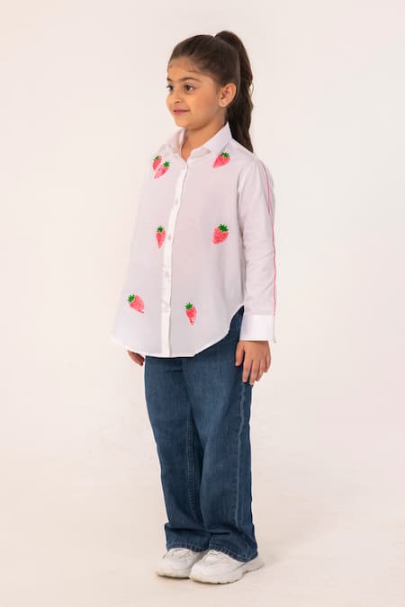 Buy_Partykles_White Cotton Embroidery Strawberry Shirt With Pink Detailing _Online_at_Aza_Fashions