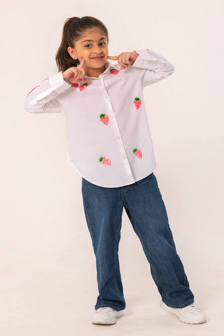 Shop_Partykles_White Cotton Embroidery Strawberry Shirt With Pink Detailing _Online_at_Aza_Fashions