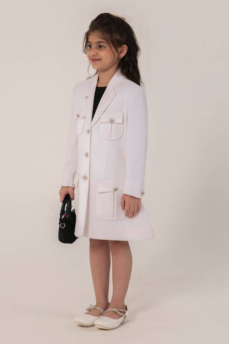 Partykles_White Polyester Blazer Style Midi Dress With Embellished Buttons _Online_at_Aza_Fashions