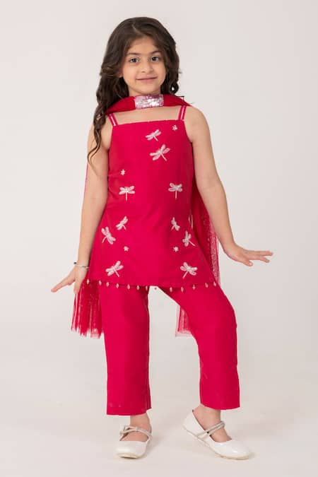 Partykles_Red Net Embroidery, Beads Dragonfly Strappy Kurta Set _Online_at_Aza_Fashions