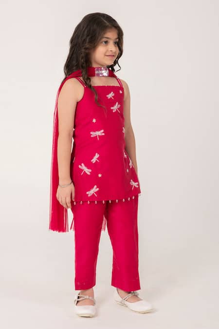 Buy_Partykles_Red Net Embroidery, Beads Dragonfly Strappy Kurta Set _Online_at_Aza_Fashions