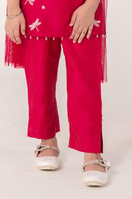 Shop_Partykles_Red Net Embroidery, Beads Dragonfly Strappy Kurta Set _Online_at_Aza_Fashions