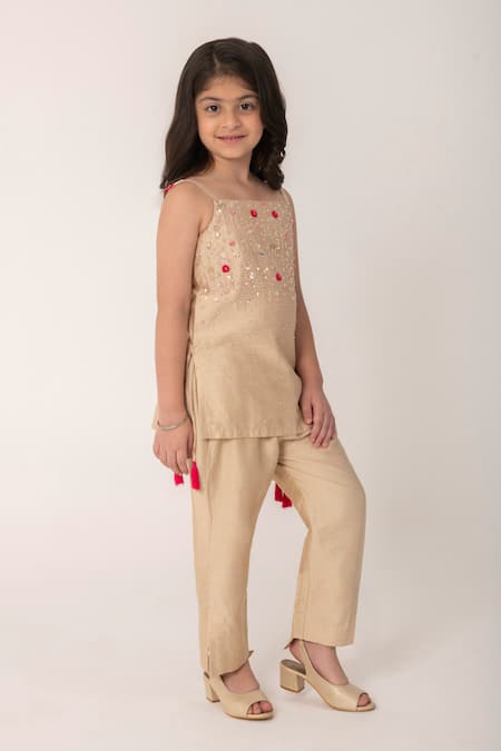 Partykles_Beige Chanderi Beads, Sequins, Fabric Flowers Hand Work Strappy Kurta And Pant Set _Online_at_Aza_Fashions