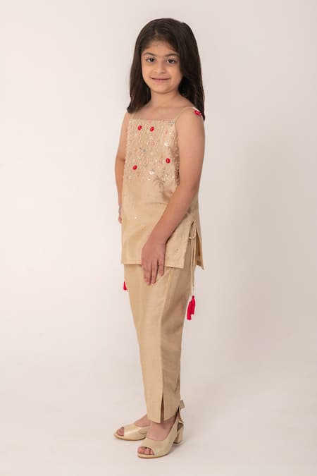 Buy_Partykles_Beige Chanderi Beads, Sequins, Fabric Flowers Hand Work Strappy Kurta And Pant Set _Online_at_Aza_Fashions