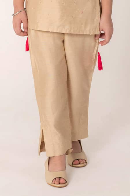 Shop_Partykles_Beige Chanderi Beads, Sequins, Fabric Flowers Hand Work Strappy Kurta And Pant Set _Online_at_Aza_Fashions