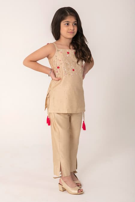 Partykles_Beige Chanderi Beads, Sequins, Fabric Flowers Hand Work Strappy Kurta And Pant Set _at_Aza_Fashions