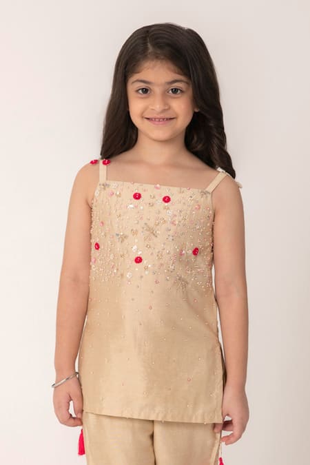 Buy_Partykles_Beige Chanderi Beads, Sequins, Fabric Flowers Hand Work Strappy Kurta And Pant Set 