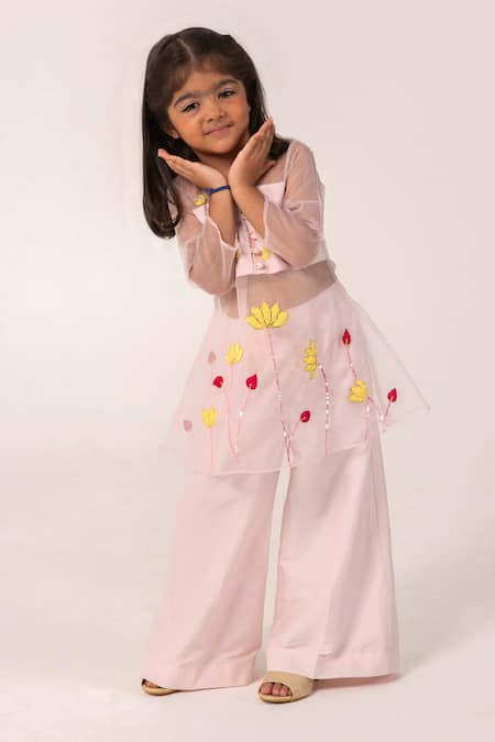 Shop Partykles Pink Organza Embroidery, Patchwork, Sequins Lotus Patch Work Kurta And Pant Set Online at Aza Fashions Shop_Partykles_Pink Organza Embroidery, Patchwork, Sequins Lotus Patch Work Kurta And Pant Set _Online_at_Aza_Fashions