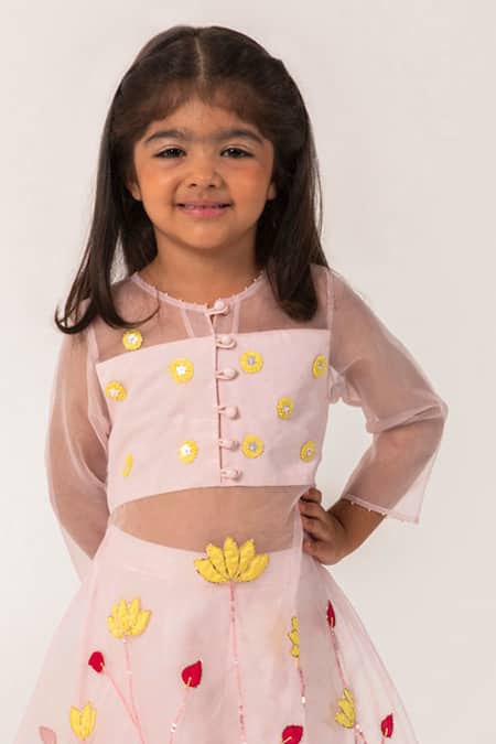 Partykles Pink Organza Embroidery, Patchwork, Sequins Lotus Patch Work Kurta And Pant Set at Aza Fashions Partykles_Pink Organza Embroidery, Patchwork, Sequins Lotus Patch Work Kurta And Pant Set _at_Aza_Fashions