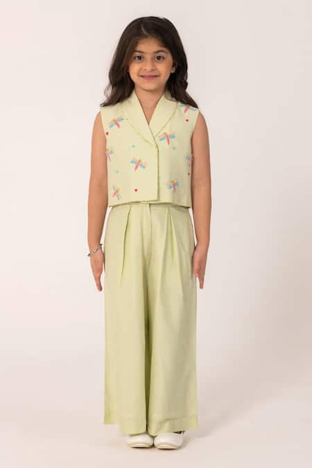 Partykles_Green Cotton, Silk Embroidery Dragonfly Shawl Collar Co-ord Set _Online_at_Aza_Fashions