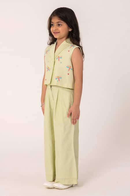 Shop_Partykles_Green Cotton, Silk Embroidery Dragonfly Shawl Collar Co-ord Set _Online_at_Aza_Fashions