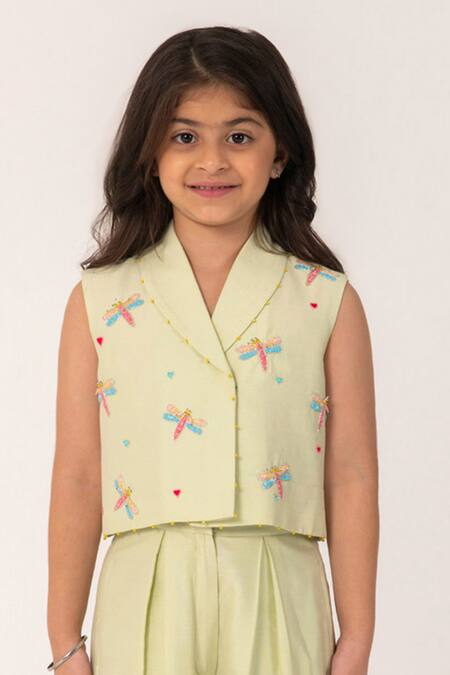 Partykles_Green Cotton, Silk Embroidery Dragonfly Shawl Collar Co-ord Set _at_Aza_Fashions