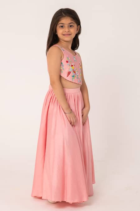 Partykles_Coral Chanderi Embroidery Parrot Top And Skirt Set _Online_at_Aza_Fashions