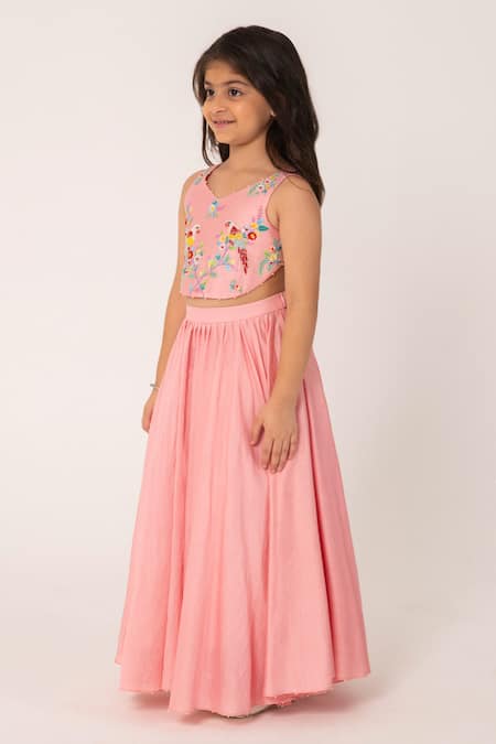 Buy_Partykles_Coral Chanderi Embroidery Parrot Top And Skirt Set _Online_at_Aza_Fashions
