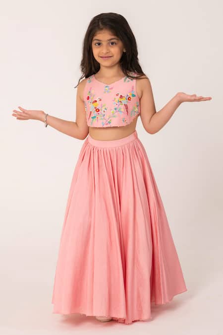 Partykles Parrot Embroidered Chanderi Top & Skirt Set 