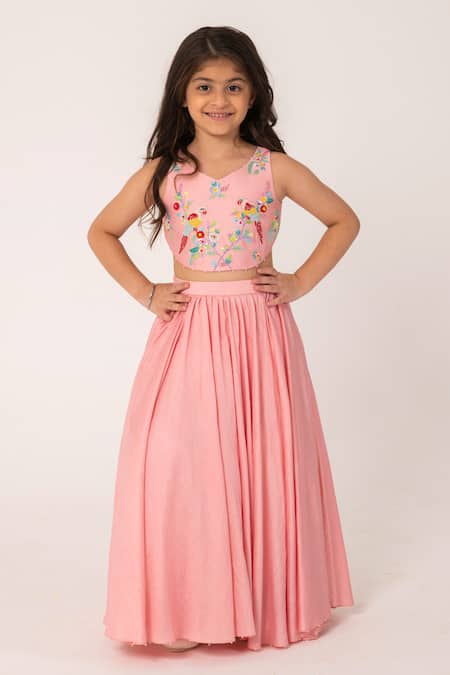 Partykles Parrot Embroidered Chanderi Top & Skirt Set 