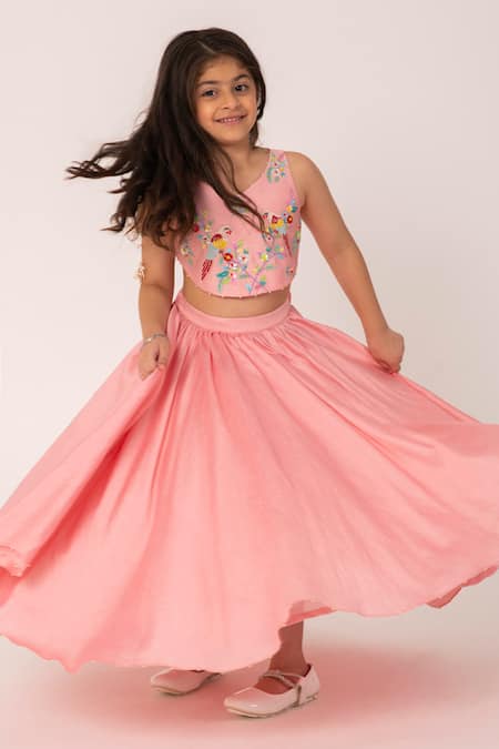 Shop_Partykles_Coral Chanderi Embroidery Parrot Top And Skirt Set _Online_at_Aza_Fashions