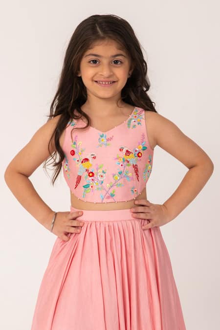 Partykles_Coral Chanderi Embroidery Parrot Top And Skirt Set _at_Aza_Fashions