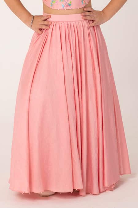 Buy_Partykles_Coral Chanderi Embroidery Parrot Top And Skirt Set 