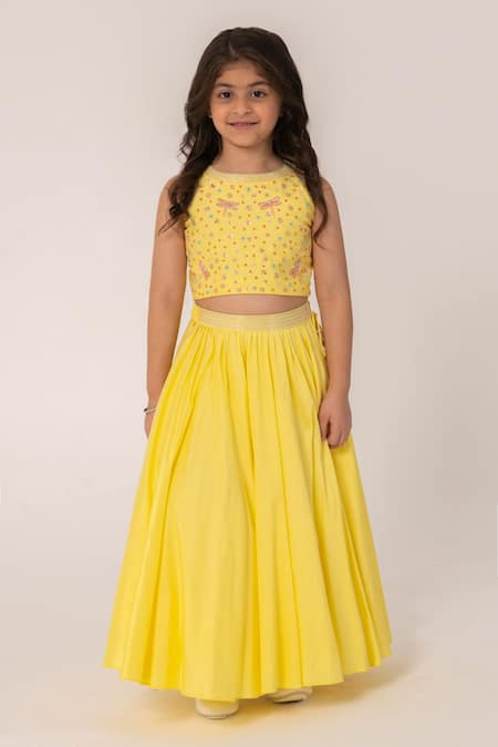 Partykles Yellow Polyester, Silk Embroidery Dragonfly Crop Top And Skirt Set Online at Aza Fashions Partykles_Yellow Polyester, Silk Embroidery Dragonfly Crop Top And Skirt Set _Online_at_Aza_Fashions