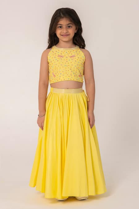 Buy Partykles Yellow Polyester, Silk Embroidery Dragonfly Crop Top And Skirt Set Online at Aza Fashions Buy_Partykles_Yellow Polyester, Silk Embroidery Dragonfly Crop Top And Skirt Set _Online_at_Aza_Fashions