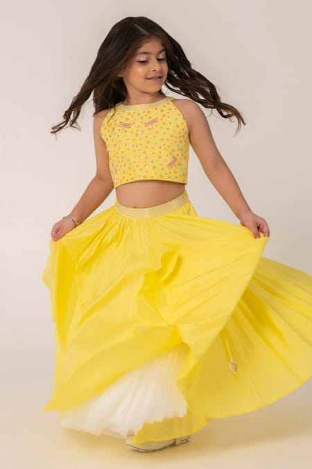 Shop Partykles Yellow Polyester, Silk Embroidery Dragonfly Crop Top And Skirt Set Online at Aza Fashions Shop_Partykles_Yellow Polyester, Silk Embroidery Dragonfly Crop Top And Skirt Set _Online_at_Aza_Fashions