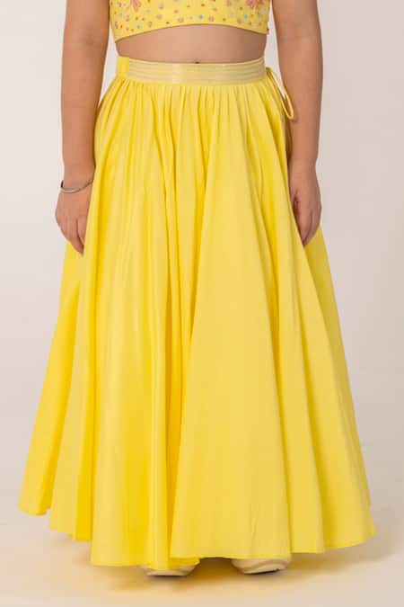 Partykles Yellow Polyester, Silk Embroidery Dragonfly Crop Top And Skirt Set at Aza Fashions Partykles_Yellow Polyester, Silk Embroidery Dragonfly Crop Top And Skirt Set _at_Aza_Fashions