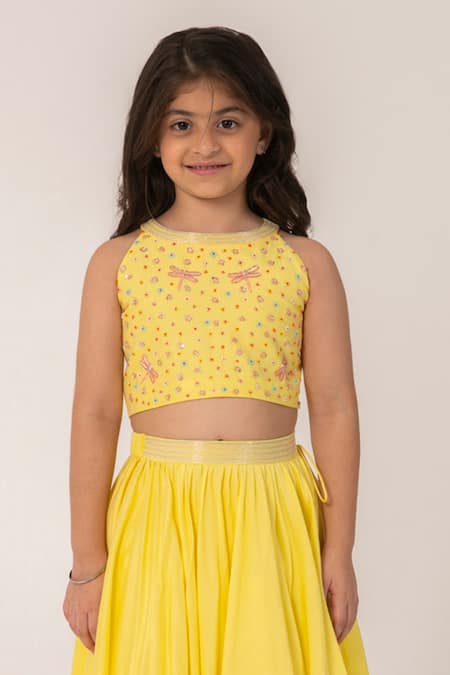 Buy Partykles Yellow Polyester, Silk Embroidery Dragonfly Crop Top And Skirt Set Buy_Partykles_Yellow Polyester, Silk Embroidery Dragonfly Crop Top And Skirt Set