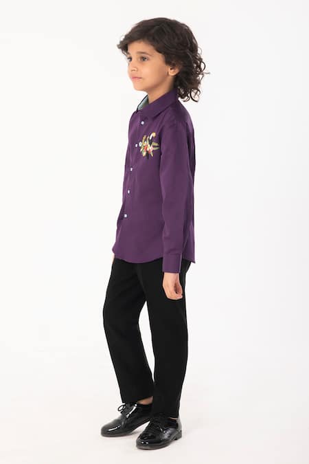 Partykles_Purple Cotton Embroidery Toucan Bird Shirt _Online_at_Aza_Fashions