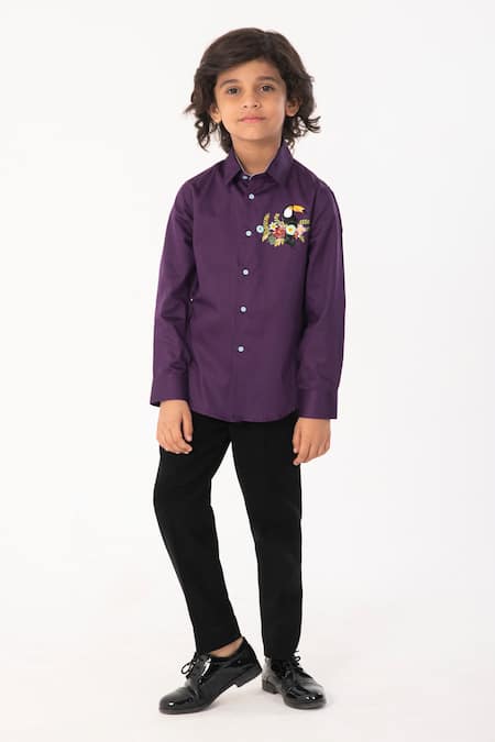 Buy_Partykles_Purple Cotton Embroidery Toucan Bird Shirt _Online_at_Aza_Fashions
