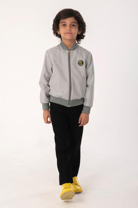 Buy_Partykles_Gray Terrycloth, Rayon Patterned Bomber Jacket With Logo Detail _Online_at_Aza_Fashions