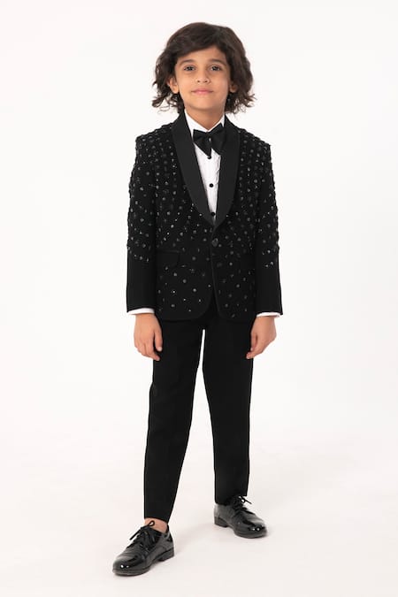 Partykles Embroidered Tuxedo Coat Pant Shirt & Bowtie Set 