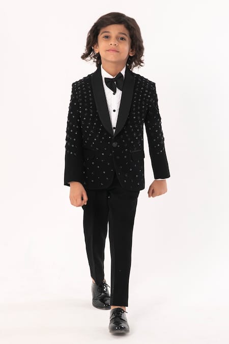 Partykles_Black Polyester, Suiting Sequins, Embroidery Tuxedo Coat Pant Shirt And Bowtie Set _Online_at_Aza_Fashions