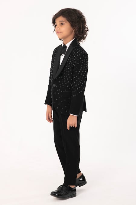 Buy_Partykles_Black Polyester, Suiting Sequins, Embroidery Tuxedo Coat Pant Shirt And Bowtie Set _Online_at_Aza_Fashions