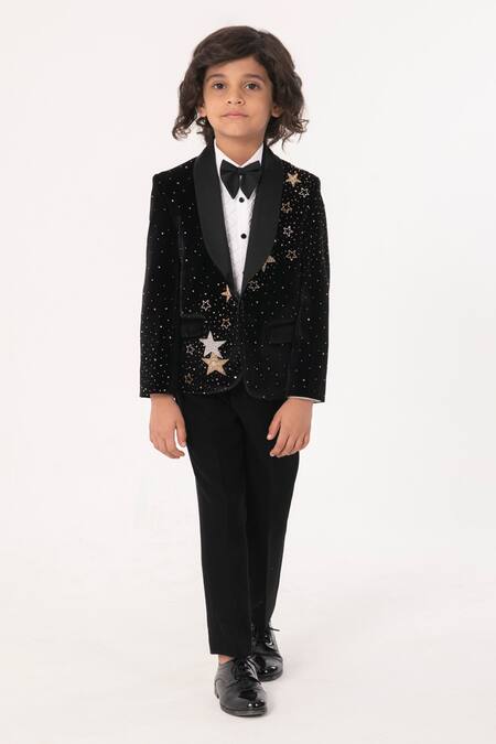 Partykles_Black Velvet Sequins, Stones, Embroidery Star Tuxedo Set _Online_at_Aza_Fashions