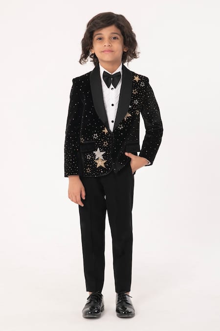 Buy_Partykles_Black Velvet Sequins, Stones, Embroidery Star Tuxedo Set _Online_at_Aza_Fashions