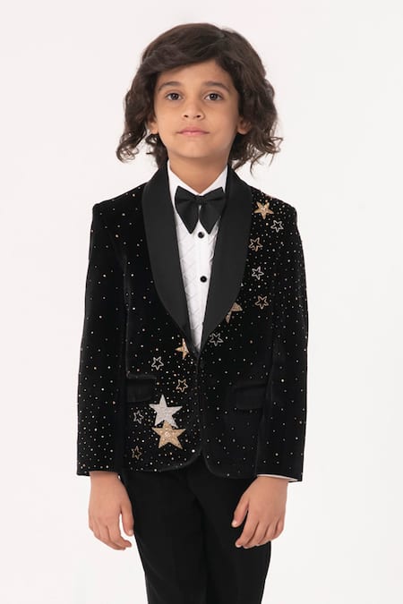 Shop_Partykles_Black Velvet Sequins, Stones, Embroidery Star Tuxedo Set _Online_at_Aza_Fashions