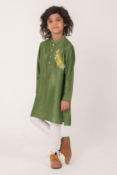 Partykles_Green Chanderi Embroidery Cheetah Chest Motif Kurta Set _Online_at_Aza_Fashions