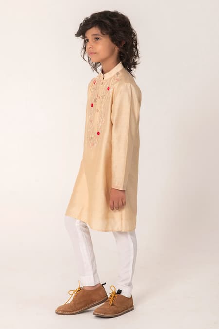 Partykles_Beige Chanderi Embroidery, Sequins Kurta And Pant Set _Online_at_Aza_Fashions