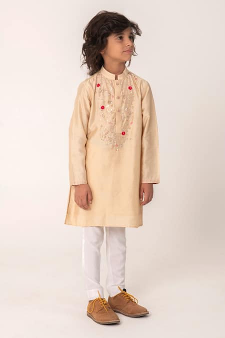 Buy_Partykles_Beige Chanderi Embroidery, Sequins Kurta And Pant Set _Online_at_Aza_Fashions